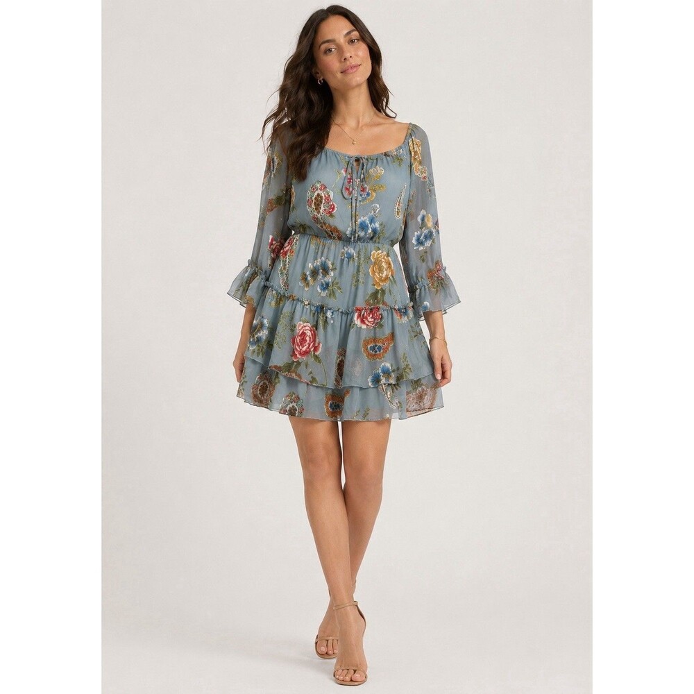 Alice + Olivia Cold Shoulder Tiered Floral Silk Mini Dress Size 8 With Flaw